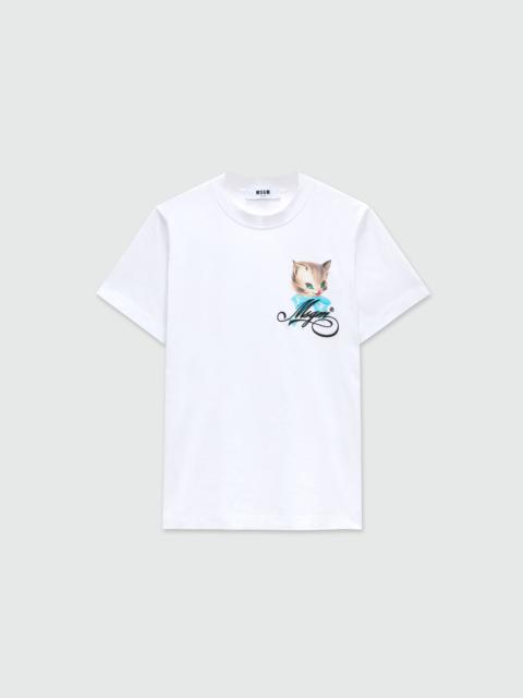 White jersey T-shirt with "Cute Kitty" graphic and cursive MSGM logo