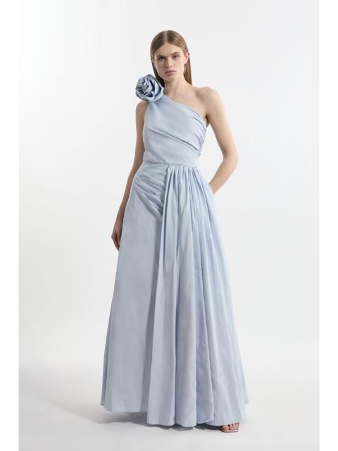 Petite Taffeta Rosette Neck Tailored Pleat Gathered Maxi Dress