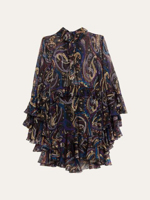 Ruffle Paisley Chiffon Backless Mini Dress