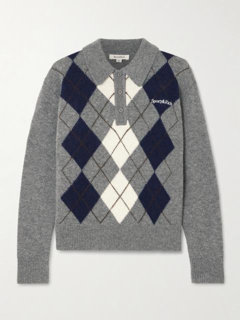 Embroidered Argyle Cashmere And Wool-blend Polo Sweater