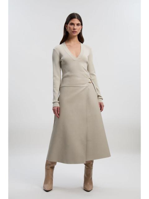 Figure Form Pu Mix Tab Detail Pleated Knit Midi Dress