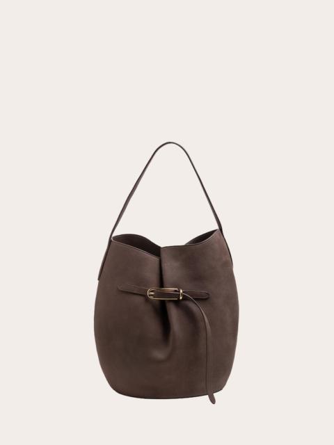 BELTED BUCKET BAG LARGE DARK BROWN GRAINED
