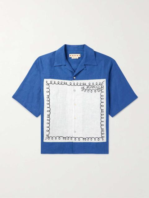 Convertible-Collar Panelled Embroidered Cotton Shirt