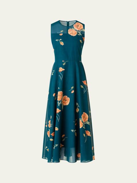 Anemone Print Belted Fit-and-Flare Voile Dress