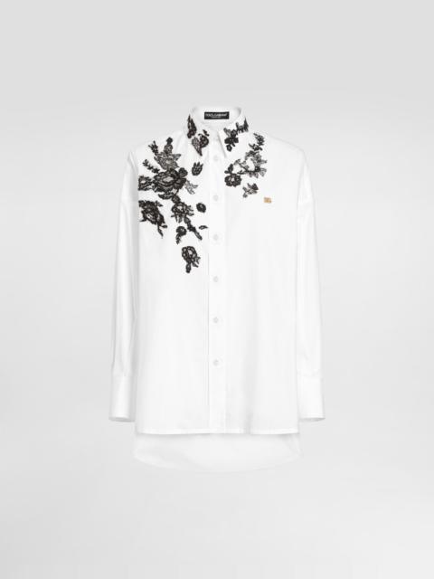 Oversize cotton poplin shirt with lace appliqués