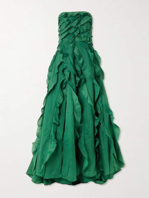Allairie Strapless Ruffled Shirred Faille Gown