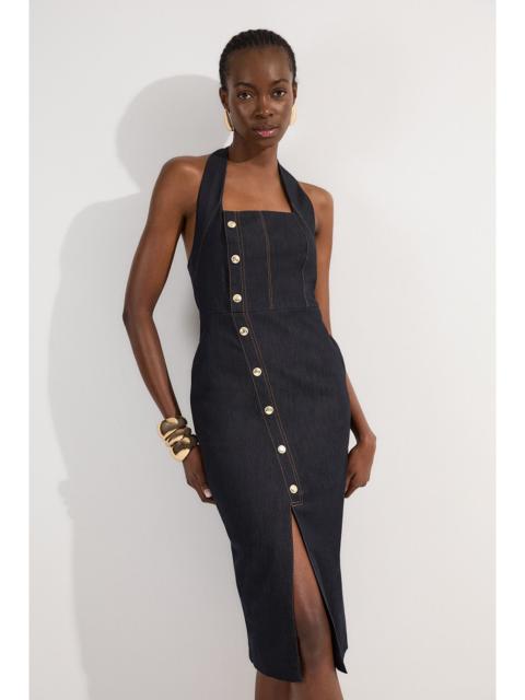 Tailored Denim Halter Neck Pencil Midi Dress