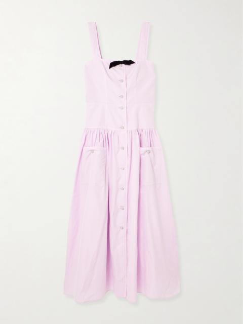Bow-detailed Velvet-trimmed Gathered Cotton-poplin Midi Dress