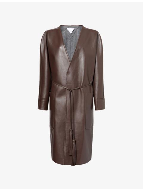 Belted V-Neck Leather Coat