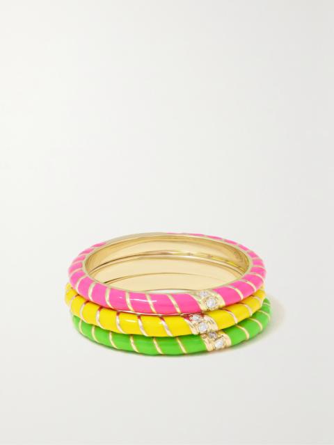 Alliance Set Of Three 9-karat Gold, Enamel And Diamond Rings