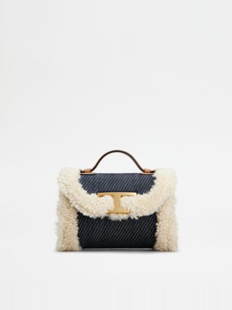 T TIMELESS CROSSBODY BAG IN DENIM AND SHEEPSKIN MICRO - OFF WHITE, BLUE