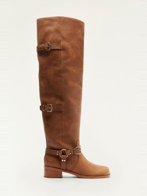 Brown Distressed Leather Buckled Over-The-Knee Boot