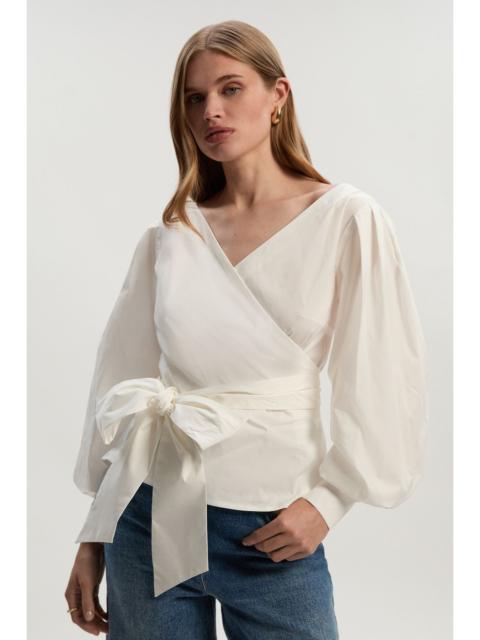 Cotton Poplin Cold Shoulder Woven Wrap Detail Blouse