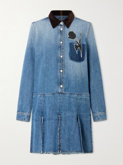 Velvet-trimmed Appliquéd Pleated Denim Mini Dress