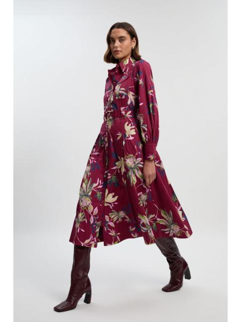 Floral Print Cotton Sateen Woven Midi Shirt Dress