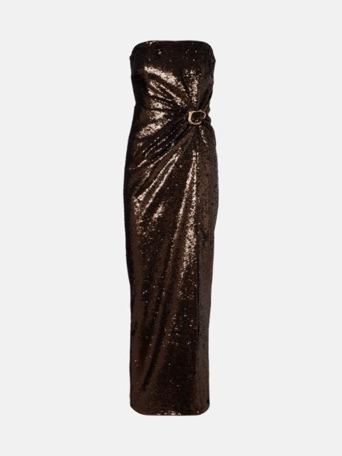 Gathered sequined strapless gown