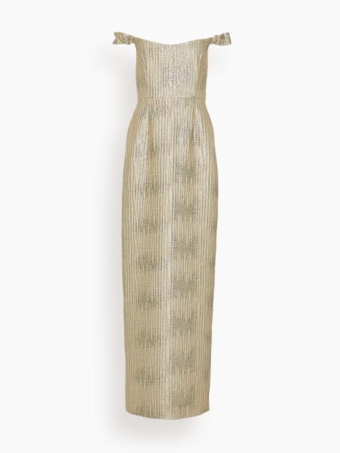 Yolanda Brocade Off The Shoulder Gown in Gold Wavy Stripe