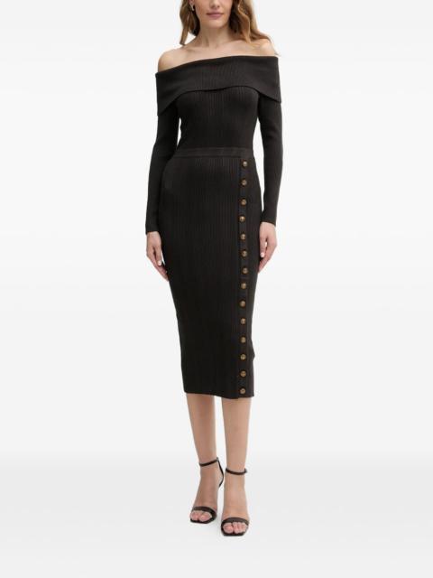 off-shoulder button midi dress