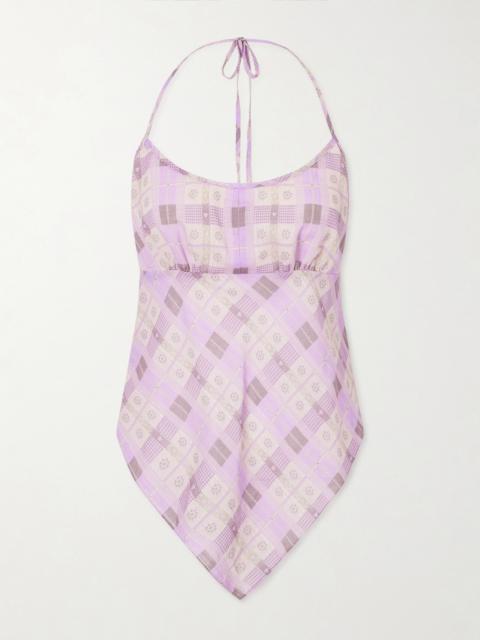 Apron Checked Printed Cotton-voile Halterneck Top