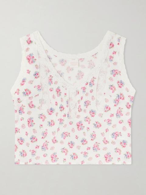 Simona Floral-print Lace-trimmed Cotton Top