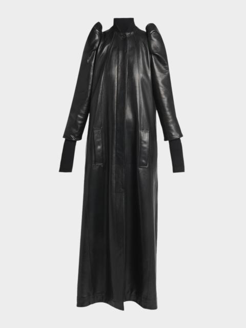 Structured Puff-Sleeve Long Leather Coat