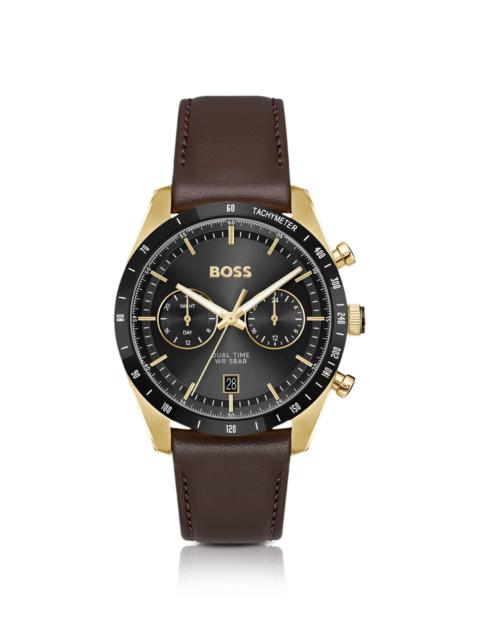 TOURMASTER GOLD-TONE WATCH WITH BROWN LEATHER STRAP