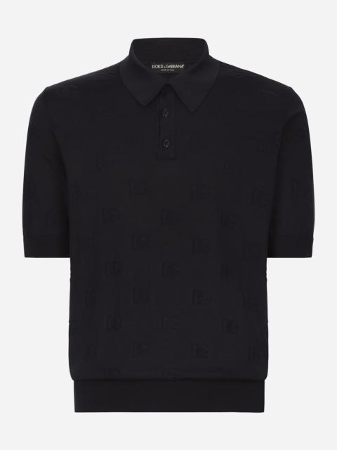 Silk polo-shirt with all-over DG logo embroidery