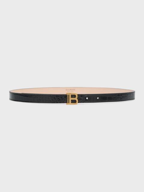 B-Monogram Croc-Embossed Skinny Leather Belt
