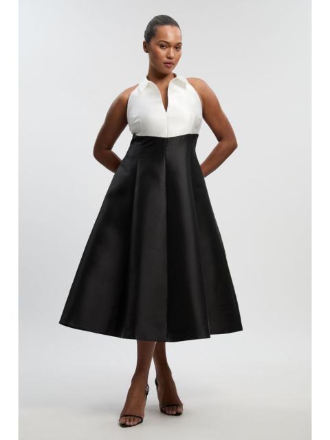 Plus Size Twill Contrast Tux Tailored Full Skirted Shirt Dress
