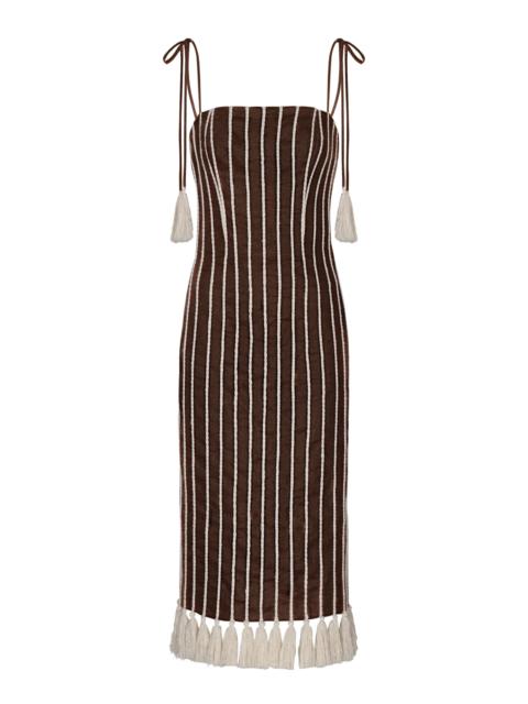 Postales Embroidered Linen Midi Dress brown