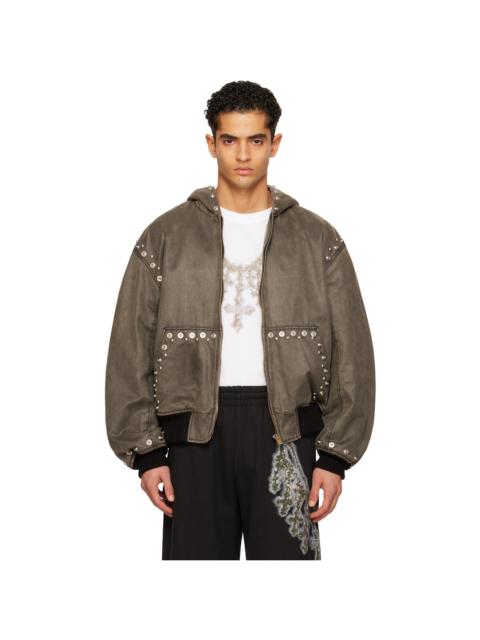 Gray Studded Hooded Bomber Jacket