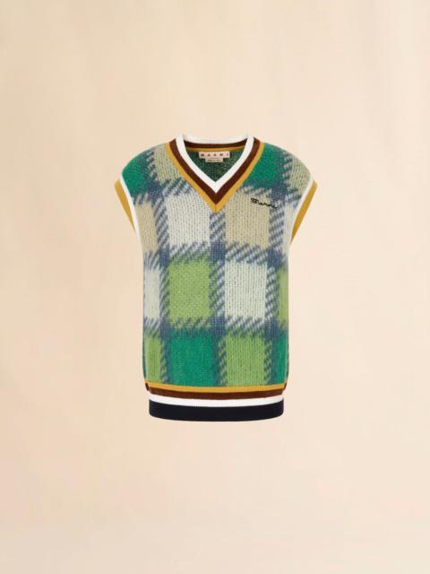 GREEN CHECKED MOHAIR VEST WITH STRIPED TRIMS