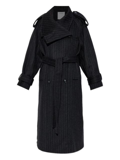 pinstripe-pattern belted coat
