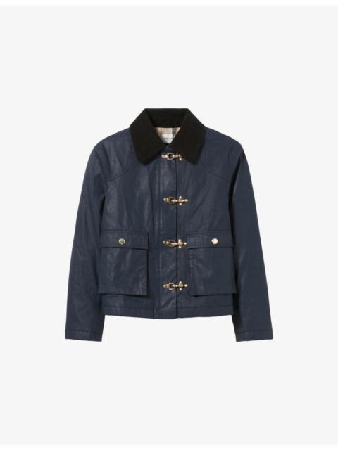 Contrast-Collar Short Waxed Parka Coat