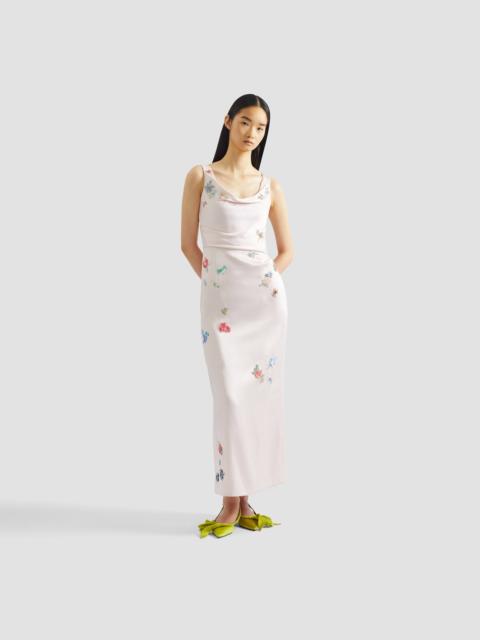 EMBELLISHED SATIN CADY SLEEVELESS MIDI DRESS