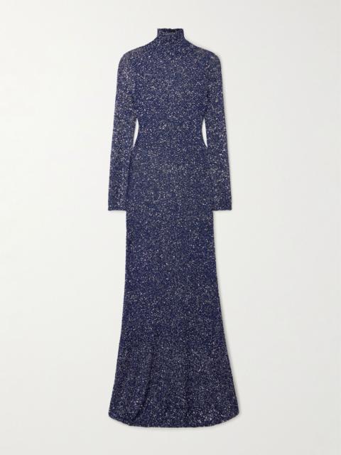 Sequined metallic-knit turtleneck maxi dress Navy
