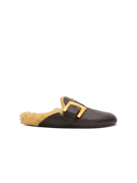 Flat leather and faux fur mules