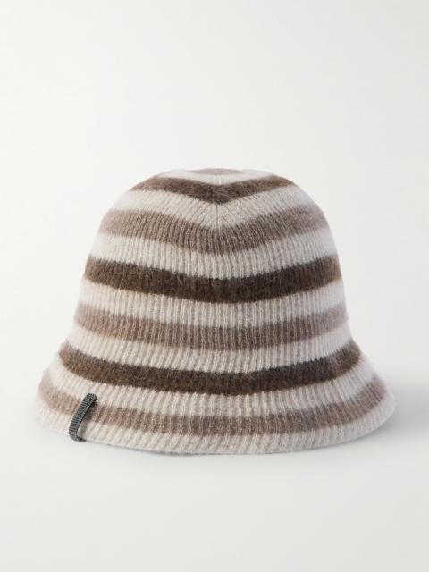 Bead-embellished Striped Metallic Ribbed-knit Bucket Hat