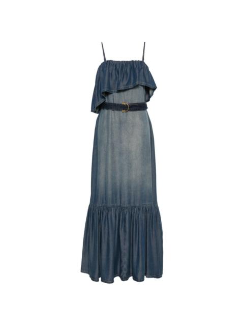 ruffled belted denim maxi dress
