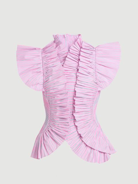 Pleated Stripe Ruffle Sleeve Woven Top