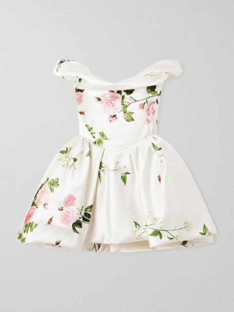 Bagatelle Off-the-shoulder Gathered Floral-print Duchesse Silk-satin Mini Dress