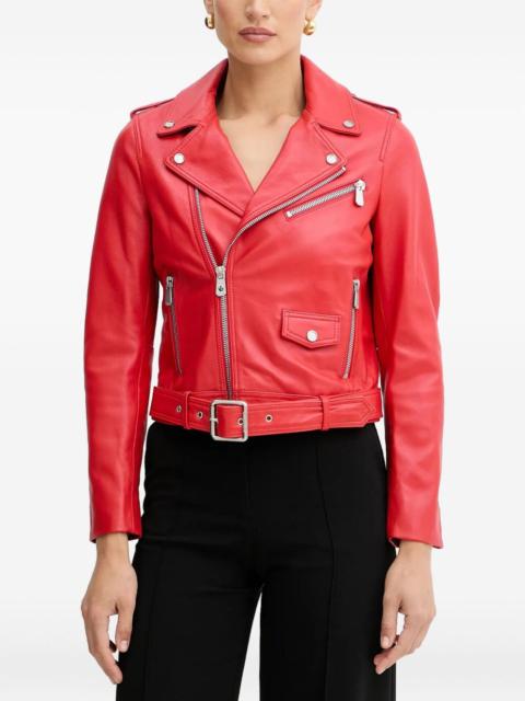 belted zip-front leather biker jacket