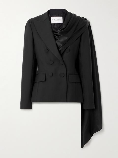 Double-breasted Draped Satin-trimmed Wool Blazer