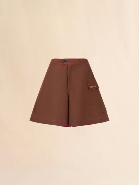 BROWN VISCOSE-RAMIE FLARED SHORTS WITH CARGO POCKET