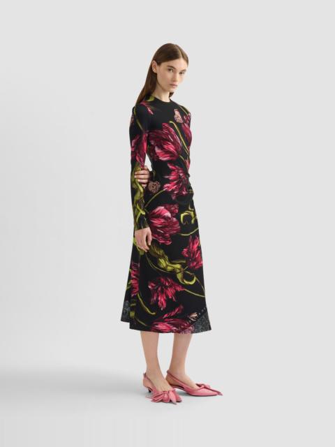 FLORAL PRINT PONTE JERSEY LONG SLEEVE MIDI DRESS