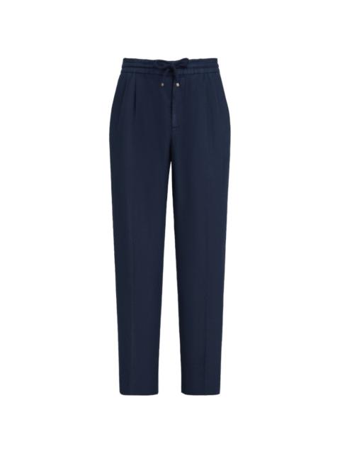 garment-dyed trousers in linen gabardine with drawstring and double pleats