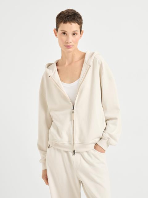Cotton smooth French terry hooded sweatshirt with shiny zipper pull