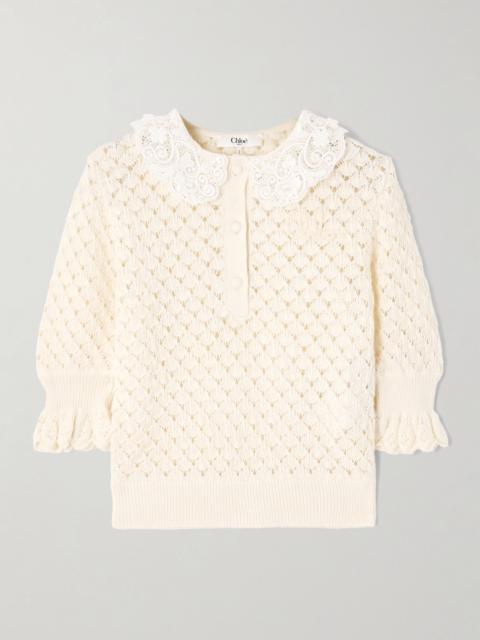 Lace-trimmed cotton, alpaca and silk-blend polo sweater Cream