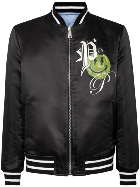 logo-print satin-finish reversible bomber jacket