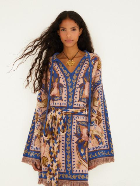 Blue Sea Garden Scarf Tassels Knit Mini Dress